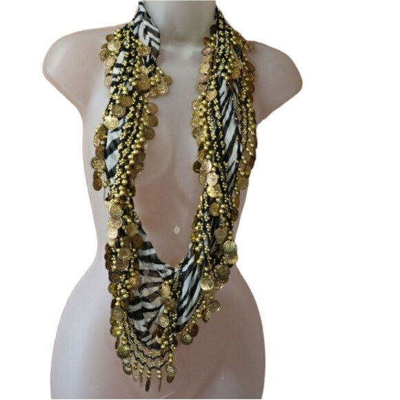 Zebra Print Sheer Belly Dancing Scarf Shimmy Coin Jingle Noise Making Hip Scarf - Picture 1 of 10